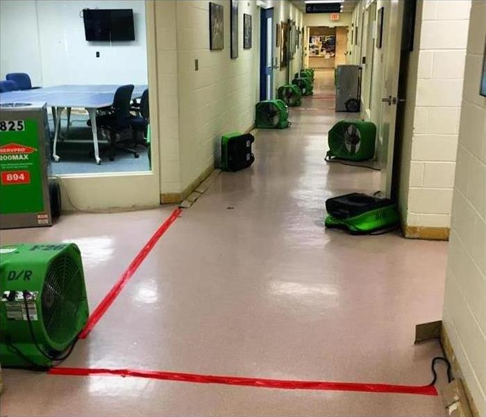drying machines and air movers lining the sides of the corridor in this commercial building